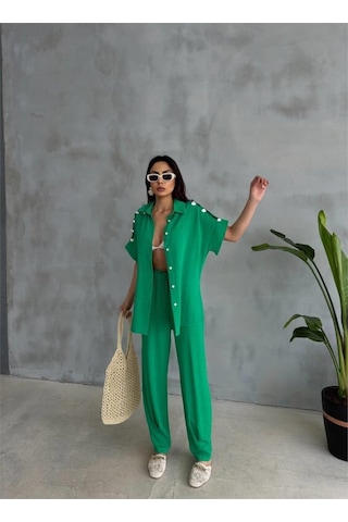 Efnaz Style Omuz Midye Sıralı Bluz - Paça Pensli Pantolon Takım - Yeşil