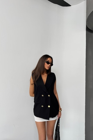 Modasize Gold Düğmeli Keten Yelek - Siyah Siyah