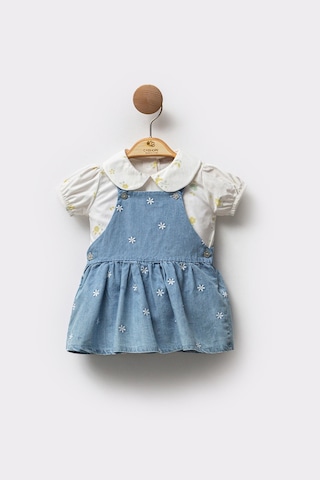 Cassiope Fisto Yakalı Kısa Kollu Bluz Kombinli Çiçek Nakışlı Askılı Denim 2'li Kız Bebek Elbise Mavi