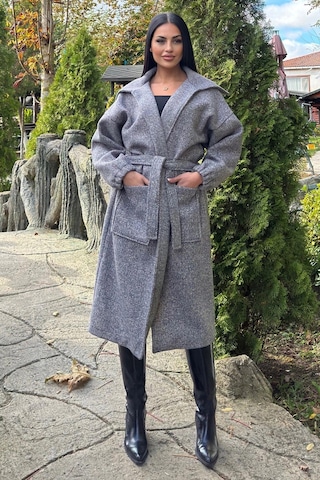 Antrasit Cepli, Balon Kol, Kemerli, Kalın Örgü Triko, Uzun Kaban Antrasit