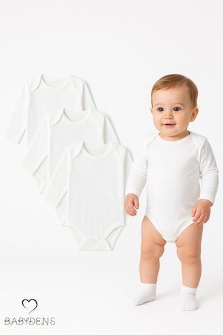 Babyden's 3'lü Set Uzun Kollu Beyaz Bebek Zıbın %100 Pamuk 0-3 Ay - 12 Ay Unisex Çıtçıtlı Body Beyaz
