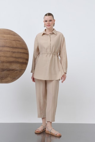 Loreen 20610 Kadın Beli Büzgülü Gizli Patlı Pantolonlu Takım Beige