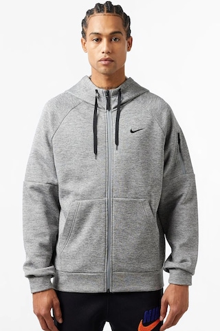 Nike Therma Fit Full Zip Hoodie Erkek Kapüşonlu Termal Fermuarlı Sweatshirt Gri Gri Melanj