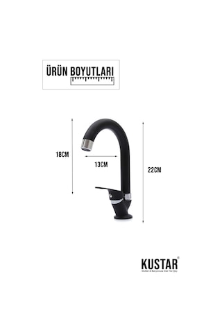 Kustar Tek Su Girişli Mat Siyah Mix Lavabo Bataryası Aç Kapa Musluk