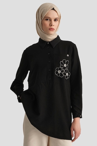 Armine Trend Gömlek Yaka Çiçek Desenli Tunik Siyah 26yt464