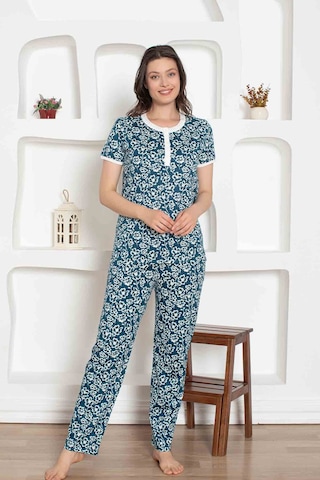 Kadın Çiçek Desen Bisiklet Yaka 3 Düğmeli %100 Pamuk Penye İnce Yazlık Kısa Kol Pijama Takımı Mavi