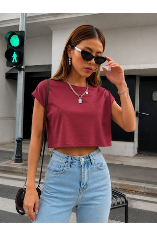 Bonnywıll Bonnywılll Bisiklet Yaka Düşük Kol Crop T-shırt Kırmızı