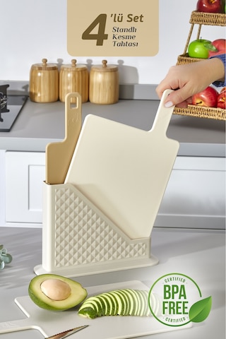 4'lü Tezgah Üstü Standlı Kulplu Kesme Tahtası - Çoklu Doğrama Tahtası Ekmek Sebze Et Kesim Panosu Bej
