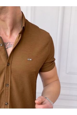 Modefendi Slim Fit Pamuk Örme Polo Yaka Kısa Kollu Gömlek Kahverengi