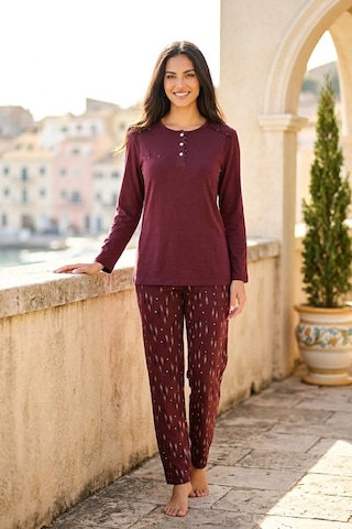 Aura Collections Kadın Pamuklu Uzun Kollu Üç Düğmeli Biyeli Soft Örme Pijama Takımı Bordo
