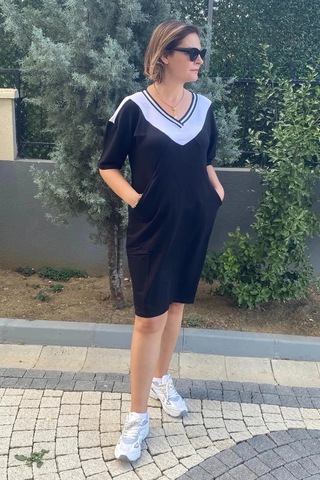 Mia Butik Büyük Beden Lina V Yaka Elbise Siyah