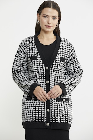 Kazayağı Motif Oversize Triko Ceket - Siyah 001