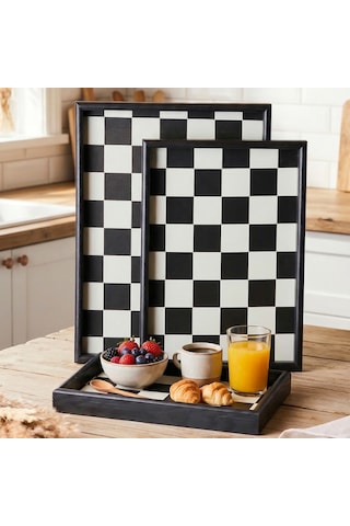 Porsima 1301050047 Ahşap Tepsi 3lü Set Çay Kahve Bambu Sunumu Dama Desenli Tepsi Seti Siyah- Beyaz