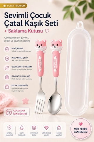 Pembe Renk Tavşan Figürlü Premium Çocuk Bpa Free Paslanmaz Çelik Uçlu Çatal-kaşık Set 24+ Ay