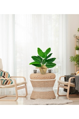 Yapay Çiçek Keten Hasır Saksıda Yeşil Muz Yapraklı 12dal 50cm Salon Çiçeği Yapay Bitki
