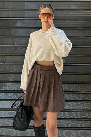 Cloudy Kids Kadın Bisiklet Yaka Oversize Yumuşak Dokulu Bej Triko Kazak Günlük Kullanım Bej - 631280414 Bej