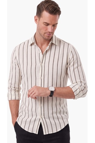 Deepsea Erkek %100 Pamuk Slim Fit Dar Kesim Keten Dokulu Çizgili Uzun Kollu Beyaz Gömlek 2600034