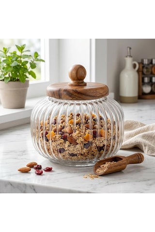 Akasya Ahşap Kapaklı Borosilikat Cam Kavanoz - Vakumlu Contalı Hava Sızdırmaz Erzak Saklama Kabı 950 Ml, 1200 Ml, Çok Renkli
