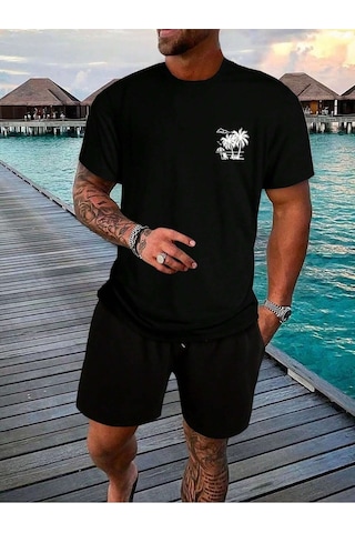 Palmiye T-shirt - Siyah Baskılı Oversize Bisiklet Yaka Kısa Kol Tişört Siyah
