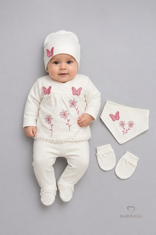 Babyden's Yenidoğan Kız Bebek Mevlit Takımı %100 Pamuk 5'li Hastane Çıkışı Kelebek Nakışlı Set Ekru