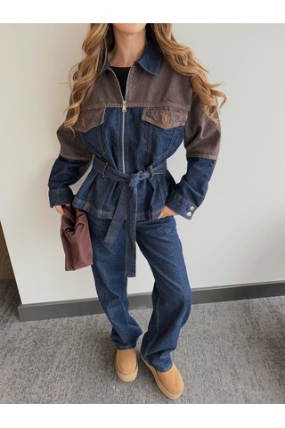Laluvia Lacivert - Kahve Bağlamalı Ceket Pantolon Denim Takım - 0836 Lacivert