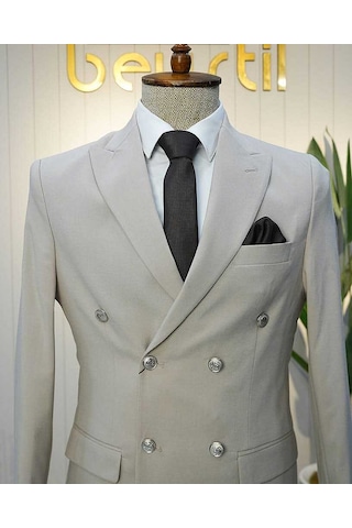 Bys Beystil Sivri Yaka Krem Kruvaze Takım Elbise Nikol - Slim Fit