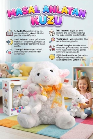 Masal Anlatan Kuzular Türkçe 14 Farklı Masal Anlatan 2 Figürlü Pilli Uyku Arkadaşı Oyuncak Peluş Beyaz