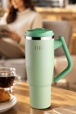 Fika Lumi Patentli Döner Kulplu Sızdırmaz Çelik Termos 1200 Ml - Bej Mint Yeşili