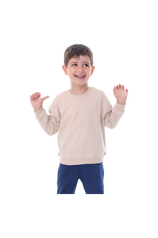 Zuzunga Basic Düz Renk Bej Fırçalı Yumuşak %100 Pamuk Sweatshirt