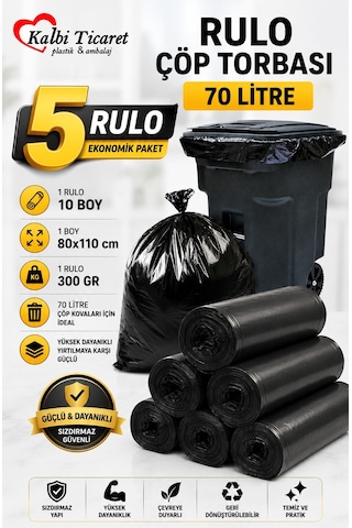 Kalın Çöp Torbası Jumbo Boy Siyah Çöp Poşeti 5 x 300 G
