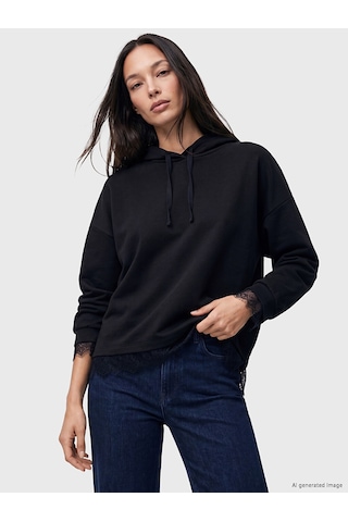 LC Waikiki Lc Waıkıkı Siyah Dantel Detaylı Soft Touch Oversize Kadın Hoodie
