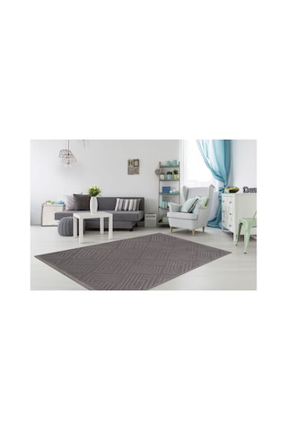 Plato Halı Opqo Ekselans Premium Oturma Odası, Salon, Antre Yıkanabilir Polyester Kaymaz Taban Koyu Gri Halı