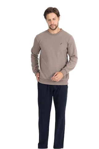 Erse %100 Pamuk Selanik Örme Sıfır Yaka Uzun Kol Erkek Pijama Takımı Kışlık Bej