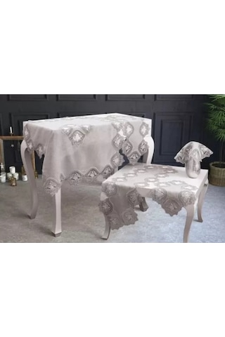 Salon Takımı 5 Parça Keten Dantelli Masa Örtüsü Runner Seti Çeyizlik Flowers Model Kapiçino Çok Renkli