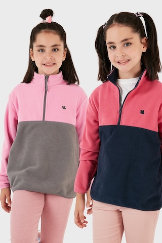 Lela Yumuşak Dokulu Yarım Fermuarlı Renk Bloklu Dik Yaka 2'Li Paket Çocuk Polar 5905004S2 Fuşya Lacivert-Şeker Pembe Gri