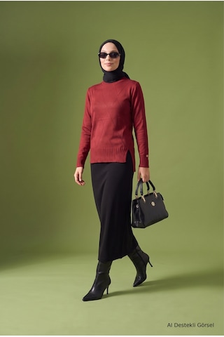 Armine Trend Geometrik Desenli Bisiklet Yaka Uzun Kollu Yan Yırtmaçlı Tunik Bordo 26ktd415