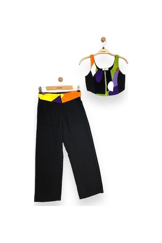 Çikoby Kız Çocuk Bluz Pantolon Desenli Takım-13764 Siyah