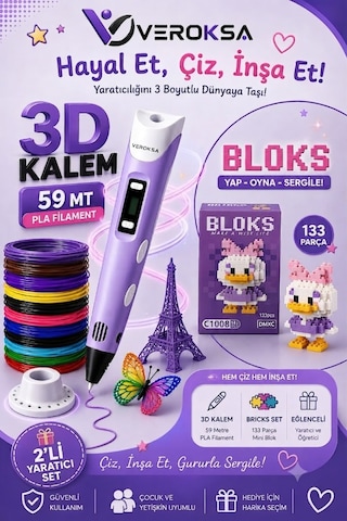 Mor 3d Kalem + 133 Parça Bloks Seti Yaratıcılığını 3 Boyutlu Dünyaya Taşı Ördek