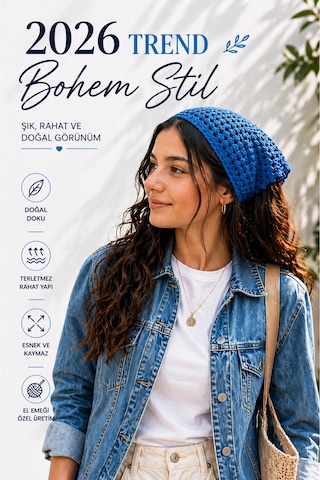 Kadın El Örgüsü Saç Bandanası Bohem Bone Yazlık Kombin Bandana Saç Aksesuarı Mavi Renk Beyaz