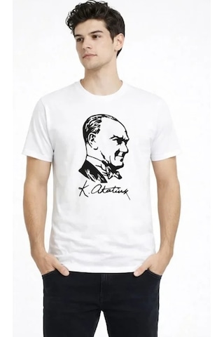 Valensdesign Erkek Atatürk Baskılı Tişört Kısa Kollu Bisiklet Yaka T-shirt - Beyaz