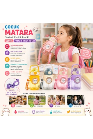 Yakut-14016 Çocuk Matara 600ml Suluk Renkli Tombul Tutmalı Plastik Pipetli Kedi Figür Boyun Asmalı Diğer
