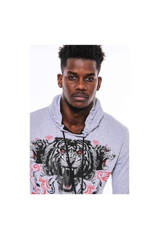 Wessi Gri Taşlı Baskılı Kapşonşlu Sweatshirt Gri