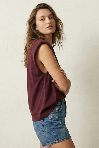 Elemge %100 Pamuk Süprem Tok Kumaş Kadın Oversize Bordo T-shirt Geniş Omuzlu Dökümlü Kolsuz Bol Kalıp