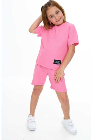 Bisiklet Yaka Şortlu Kız Çocuk Şortlu Takım Pembe