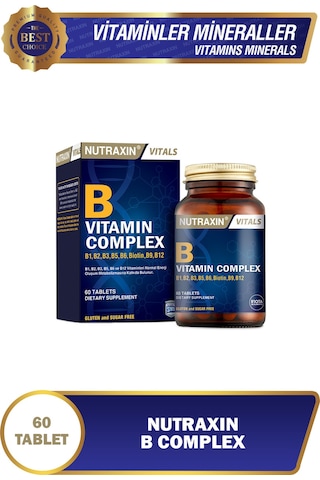 Nutraxin B Complex Vitamin 60 Tablet - B1, B2, B3, B5, B6, B12, Folik Asit, Biotin, Kolin, İnositol
