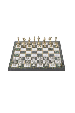 Lüks Metal Satranç Takımı Krom Kaplama Pegasus Atları & Zümrüt Yeşili Mermer Desenli Tahta 20 Cm.