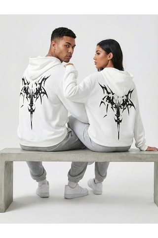 Nevermind Unisex Oversize Hoodie Grafik Sembol Baskılı Beyaz