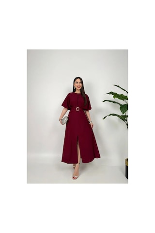 Afiş Butik Kemer Detaylı Yuvarlak Yaka Yırtmaçlı Piliseli Midi Elbise Bordo Bordo