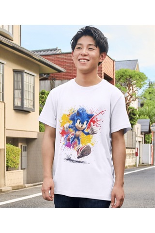 Alpşan Ticaret Kirpi Sonic Çocuk Tişört Sonic Unisex Yetişkin Tişört Beyaz