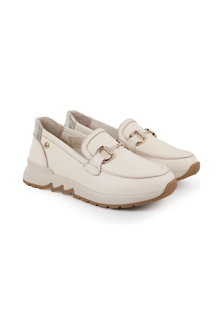 Mamma Mia Kadın Günlük Ayakkabı Hakiki Deri Işıltılı Taşlı Metal Aksesuarlı Kalın Taban Loafer Sneaker 26y-3975 Krem-altın